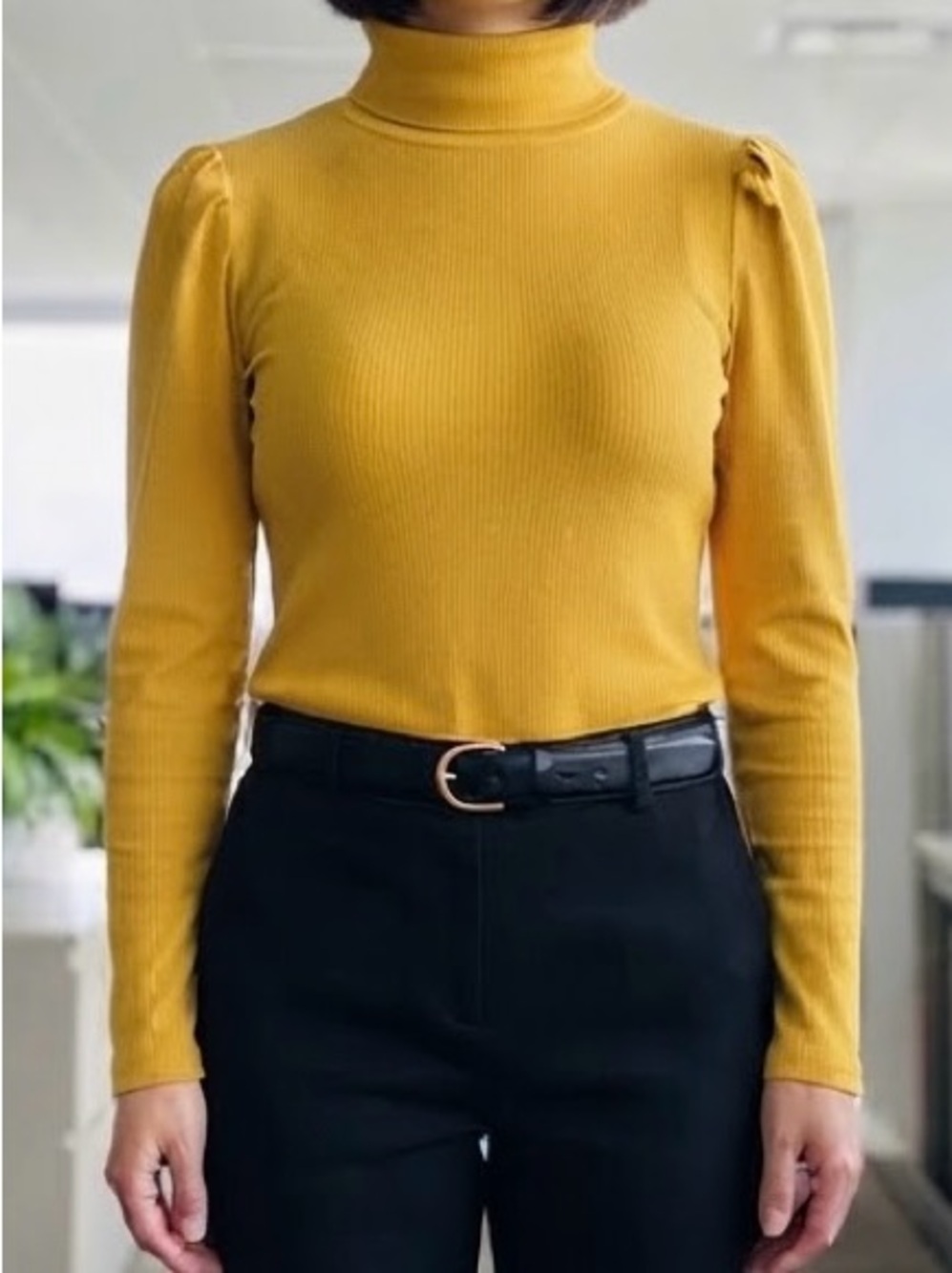 Studio Park GoldenYellow Rib Knit Puff Sleeve Turtleneck Sweater M EUC Work Top